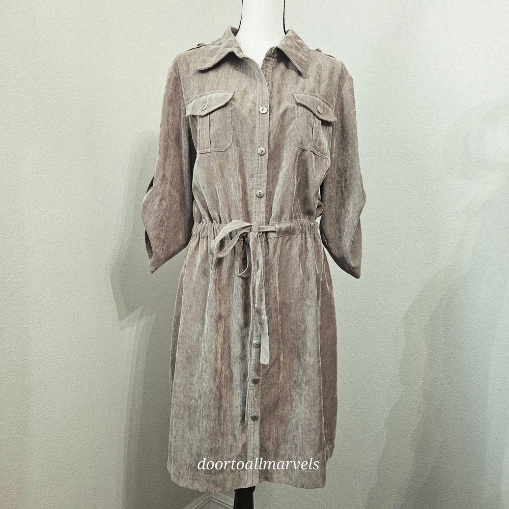 Safari Corduroy Shirt Dress sz 16 Earthy Utility Minimalist Neutral